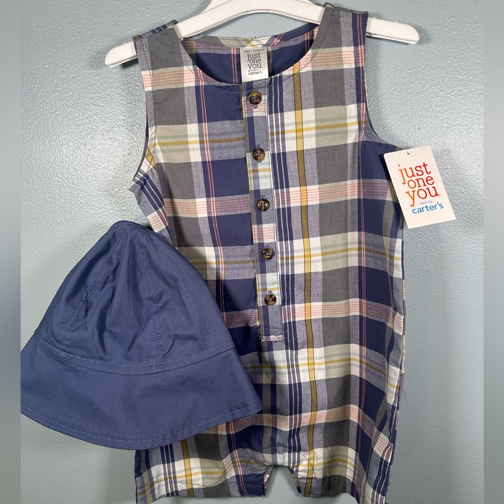 Carter's Just One You® Baby Boys' Button-Front Romper w/Hat - Blue 9 Months